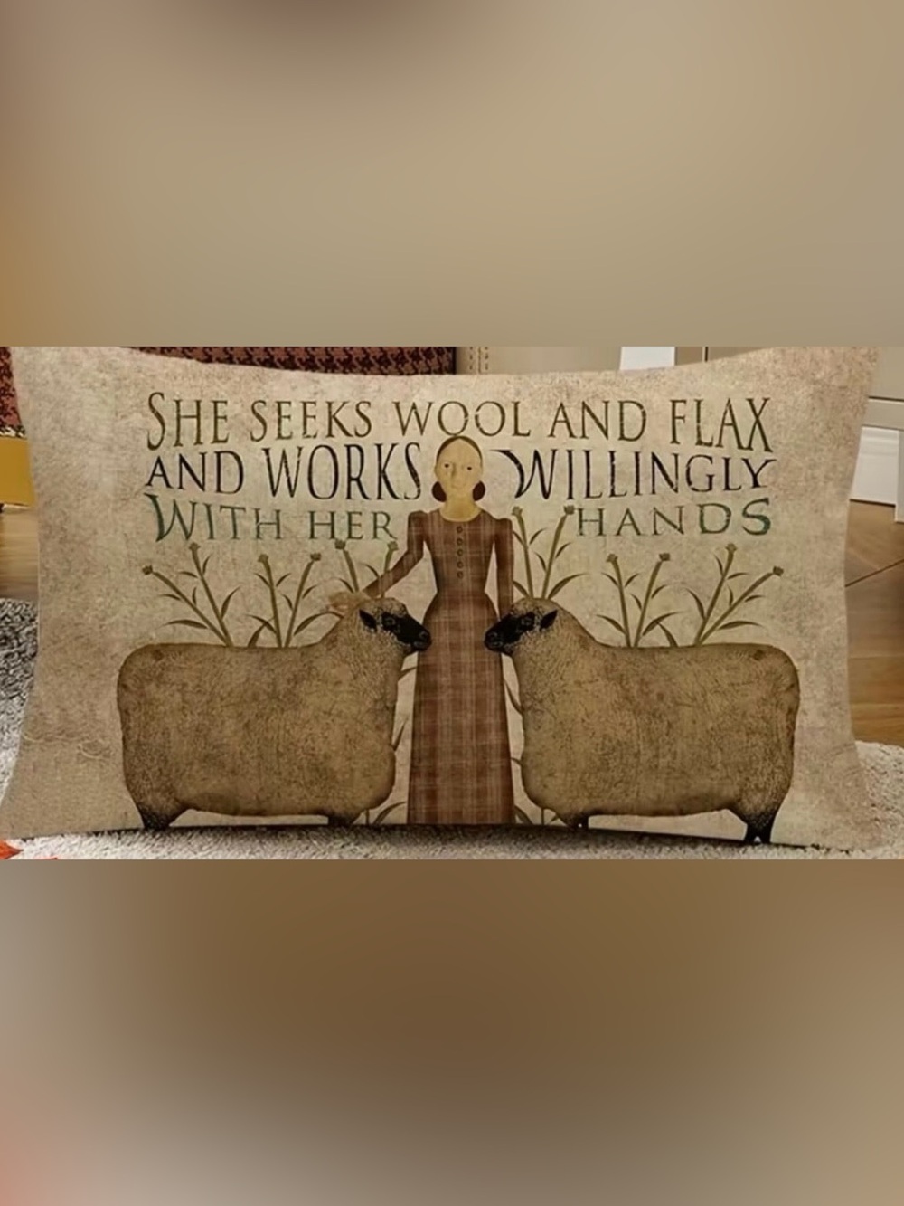 Folk Art Lumbar Pillow Cover with Woman & Sheep - Brown Plaid Dress-12” x 20”